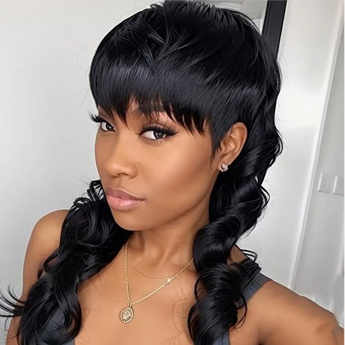 Beweig Black Wig with Bangs for Women Long Wavy Hair Wig Black Curly Wavy Synthetic Wigs for Girls Daily Party Use