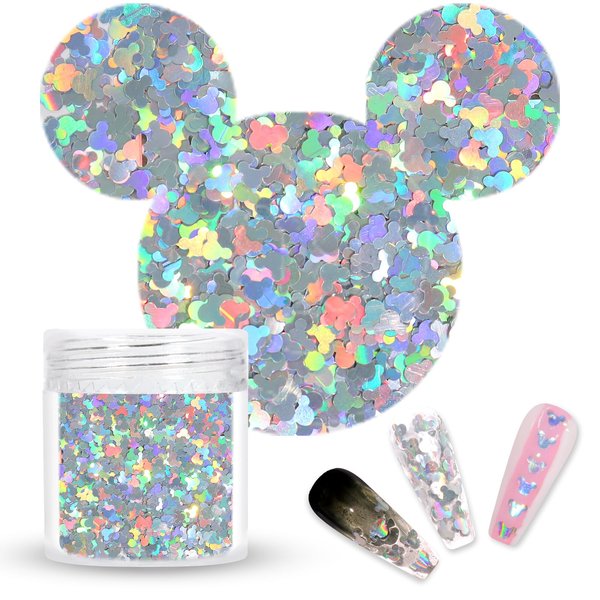 Laza 2g Chunky Glitter Mickey Mouse Shaped Confetti Nail Charms Holographic Sequins Stickers Sparkle for DIY Crafts Nail Art Decoration Party Face Body Make Up Resin - Laser Silver