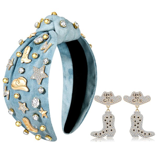JERTOCLE Western Headband Cowgirl Headbands Accessories for Women Cowboy Boot Hat Stars Headband Jeweled Crystal Knotted Headband Western Rodeo Nashville Bachelorette Outfit Gift (Blue)