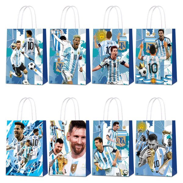 24Pcs Argentina Messi Party Gift Bags - Candy Bags, Tote Bags,Miami Messi Party Supplies Gift Bags for Kids - Paper Favor Packs for Adults Birthday Party Decor - 8 Patterns