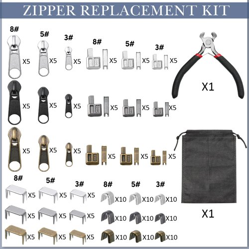 Yuxung 272 Pieces Zipper Repair Kit Replacement Zipper Pulls, Zipper Latch Slider, Installation Tools Zipper Stopper Slider Repair Tool Kit for Metal Plastic Nylon Coil Jacket Zippers (Size 8/5/3)