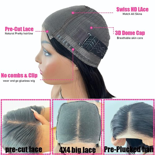 Wear and Go Glueless Bob Wig Human Hair Pre Plucked Pre Cut 4x4 HD Straight Lace Front Wigs Human Hair for Black Women No Glue Upgraded Glueless 150% Density (4x4 Glueless Bob Wig, 12 Inch)