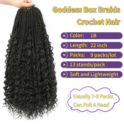 9 Pack 22 Inch Goddess Crochet Box Braids Curly Ends Bohomian Goddess Box Braids Crochet Hair Synthetic Crochet Braids Hair Extensions(22 Inch,1B)
