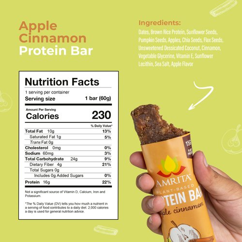 Amrita Apple Cinnamon High Protein Bars, 15g Plant Based Protein, Low-Sugar Meal Replacement Bars, Vegan, Gluten-Free, 12 Bars