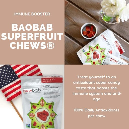 powbab Baobab Superfruit Chews - 750mg Raw Baobab Powder Organic. Immune Superfood Supplement, 100% Antioxidants for Cold Season Vitamin C. Acai Berry Powder Pomegranate Supplement, Non GMO, 30 Chews