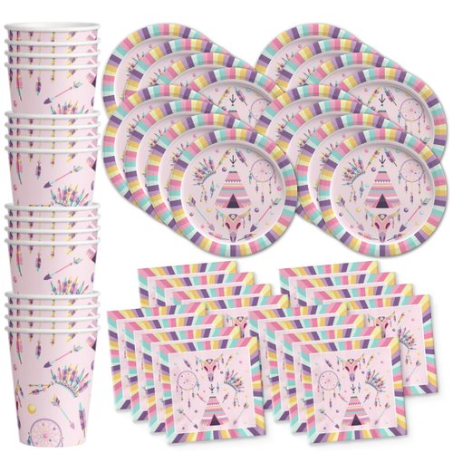 Pink Tribal Boho Girl Birthday Party Supplies Set Plates Napkins Cups Tableware Kit for 16
