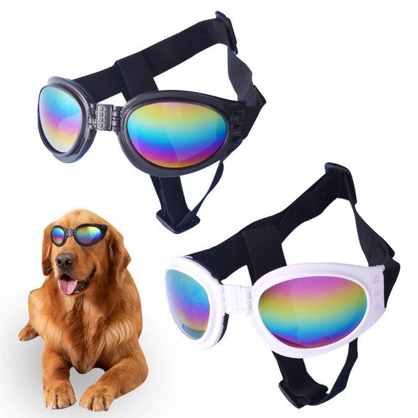 2 Pcs Dog Goggles Dog Sunglasses Adjustable Strap for Waterproof Windproof UV Protection Sunglasses for Dog, for Go Out Travel Skiing Swim, (Black and White) (2 PC)