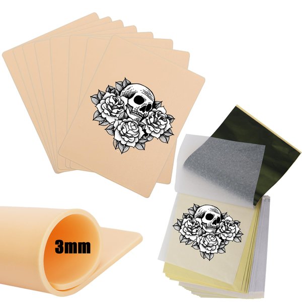 3mm Tattoo Practice Skin with Transfer Paper, 18 Pcs Tattoo Fake Skin and Tattoo Tracing Paper Kit Including 8Pcs Double Sided Tattoo Skin and 10Pcs Tattoo Stencil Paper for Tattoo Supplies
