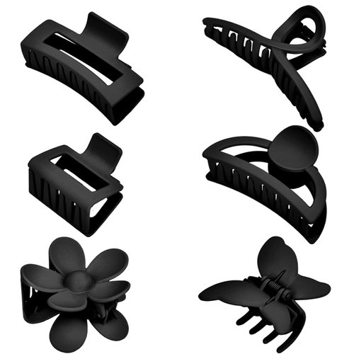 Black Hair Clips, 6 Pack Black Claw Clips for Thin Thick Hair 1.85-4.5 Inch Matte Non Slip Jaw Clips Flower Banana Butterfly Claw Clips Hair Accessories for Women and Girls