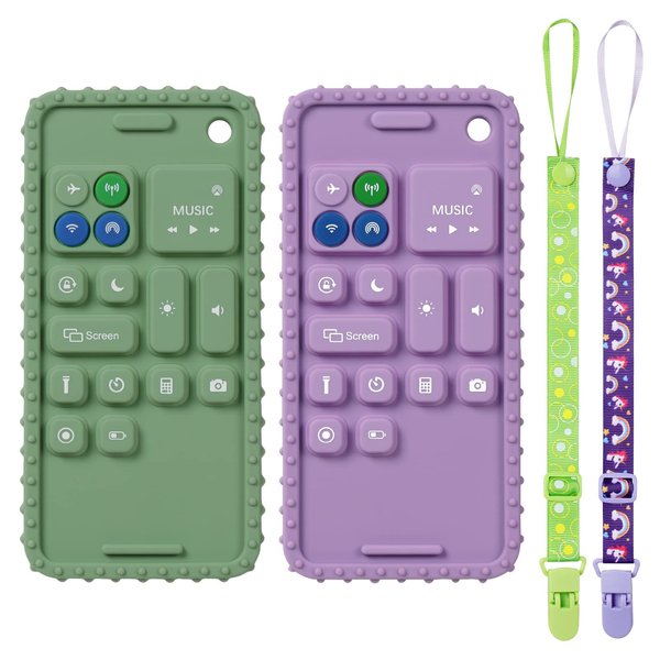 Aolso 2PCS Silicone Baby Teething Toys, Cell Phone Teether Toys with 2PCS Pacifier Clip, Baby Teething Toys for 0-12 Months, Baby Phone Chew Toys BPA Free/Freezable/Dishwasher(Purple&Green)