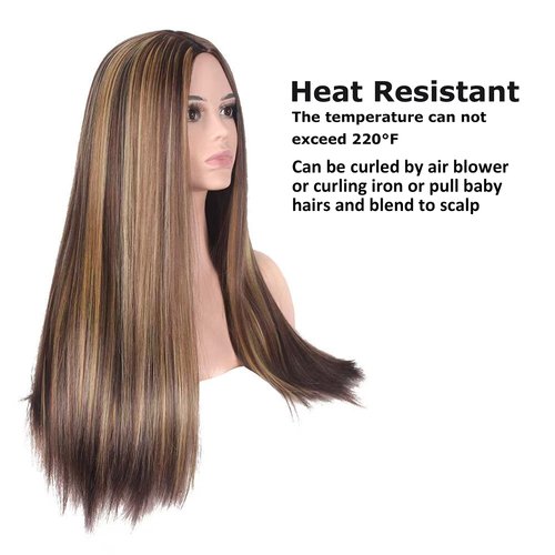 CanLux Long Straight Wig Brown Synthetic Wig with Blonde Highlight Wig for Women Middle Part Wig Cosplay Full Hair Wigs with Wig Cap -26 inch