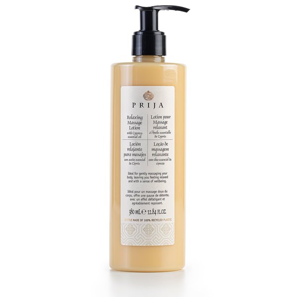 Prija Relaxing Massage Lotion formulated with Cypress Essential Oil (12.84 fl oz) - Relaxing and Moisturizing - Vegan Friendly - Dermatologically Tested - Made with 100% Recycled Bottle