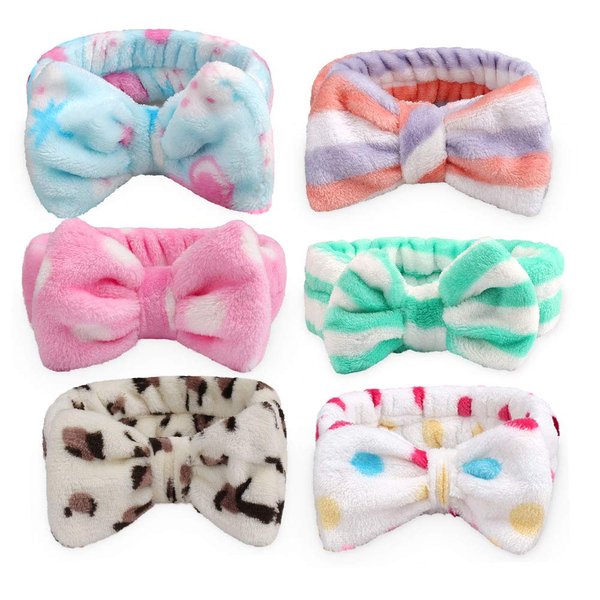 AOPRIE 6 Pieces Spa Headbands for Washing Face Makeup Headbands Spa Headbands Bow Hair Band Women Facial Makeup Head Band Soft Coral Fleece Head Wraps For Shower Washing Face Mask