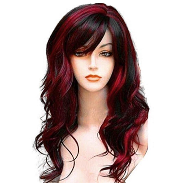 WeAlake Long Hair Wigs Wavy Curly 24" Glamorous Women Black Red Highlights Synthetic Cosplay Daily Party Clothing Wig with Wig Cap