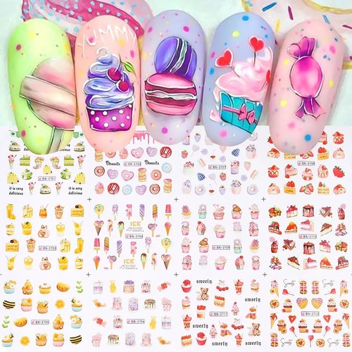 12 Sheets Donut Ice Cream Candy Nail Art Stickers Decals Cute Water Transfer Nail Decals Summer Nail Art Supplies Reusable Nail Stickers for Nail Art Colorful Design for Women Girls Nail Decorations.