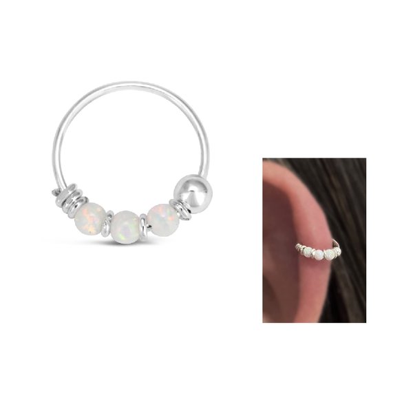 925 Sterling Silver VERY SMALL 10MM White Opal Hoop Earring - SINGLE Hoop for ONE ear - for Helix, Cartilage, 2nd Ear Piercing | Handmade by MiYa Jewelry Creations…