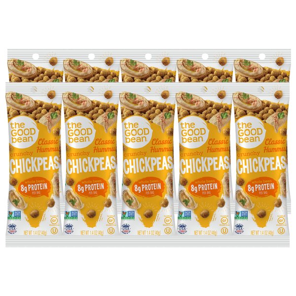 The Good Bean Crunchy Chickpeas - Classic Hummus - (10 Pack) 1.4 oz Packet - Roasted Chickpea Beans - Vegan Snack with Good Source of Plant Protein and Fiber