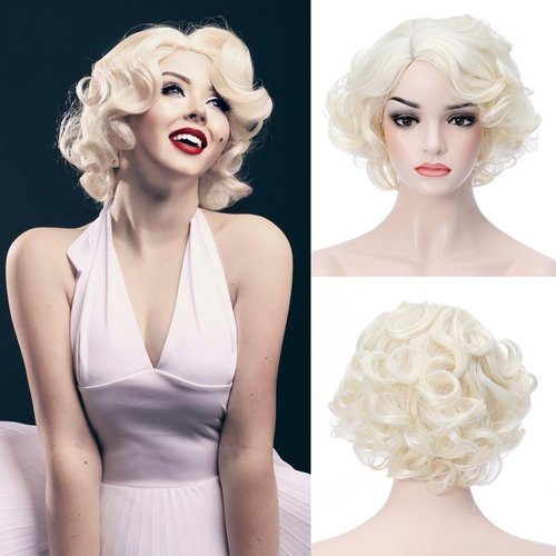 BERON 12" Women Girls Short Curly Wavy Bob Blonde Wig Natural Wavy Rose Net with Wig Cap (Light Blonde)