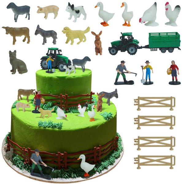 20PCS Mini Farm Cake Topper Set, Tree Animal Tractor Cake Topper for Boy Girl Birthday Party Decorations