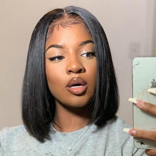 ISEE Hair Glueless Wear and Go Wigs for Beginners Lace Front Wigs for Black Women Human Hair Short Straight Bob Human Hair Wigs Lace Pre Cut Wig 12 Inch