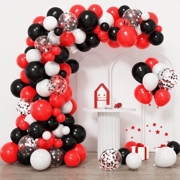 RUBFAC 129pcs Red Black White Balloons Garland Arch Kit, Red and Black White Balloons Arch with Confetti Balloons for Shower Birthday Graduation Racing Car Poker Card Decorations Supplies