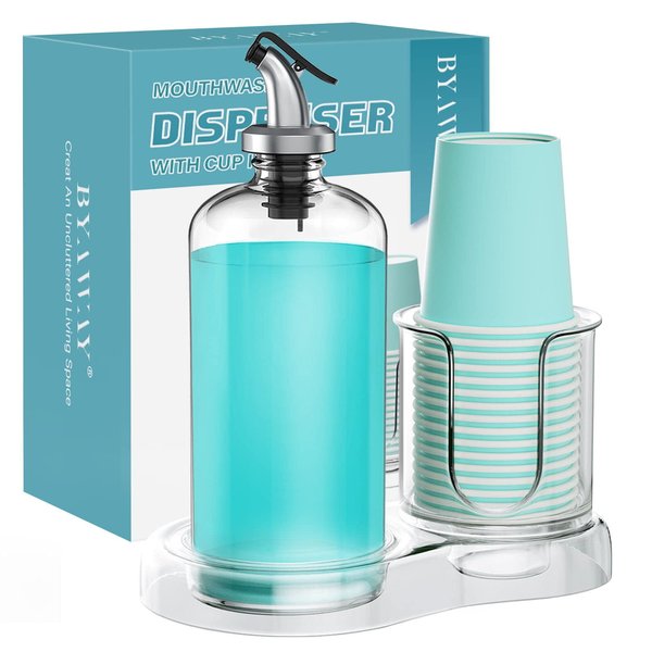 BYAWAY Mouthwash Dispenser for Bathroom with Cup Holder Detachable Glass Mouthwash Container 16 Oz,Refillable Mouth Washer Dispenser for Countertop