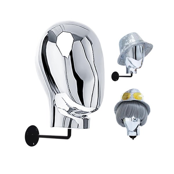 CHADWICK Hat Display Stand Wall Mount Chrome Wig Head Stand Stylish Mannequin Head Stand Durable Wig Holder for Hats, Wigs, Glasses, Luxury Look at Home, Salon, Head Swivels, 20'' Circumference