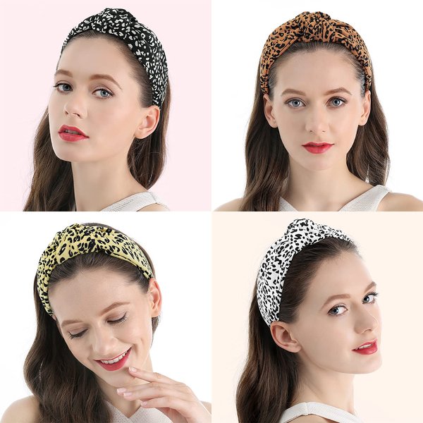 QIANXUAN Cheetah Print Knotted Headbands For Women Leopard Cloth Headband For Women Top Knot Headband For Women Fabric Cloth Tie Hairbands 4Pcs