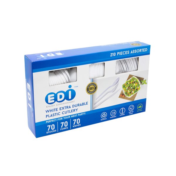 EDI [210 Piece] White Disposable Plastic Cutlery Set, Assorted - 70 Forks, 70 Knives, 70 Spoons | Extra Durable