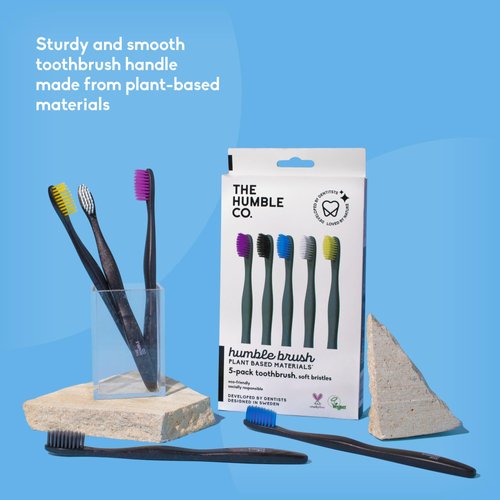 The Humble Co. Plant Based Black Toothbrush (5pk) – Vegan, Soft Toothbrush Set with BPA Free Bristles, Best Toothbrush for Superior Oral Care and Superb Teeth Cleaning (5 Brushes)