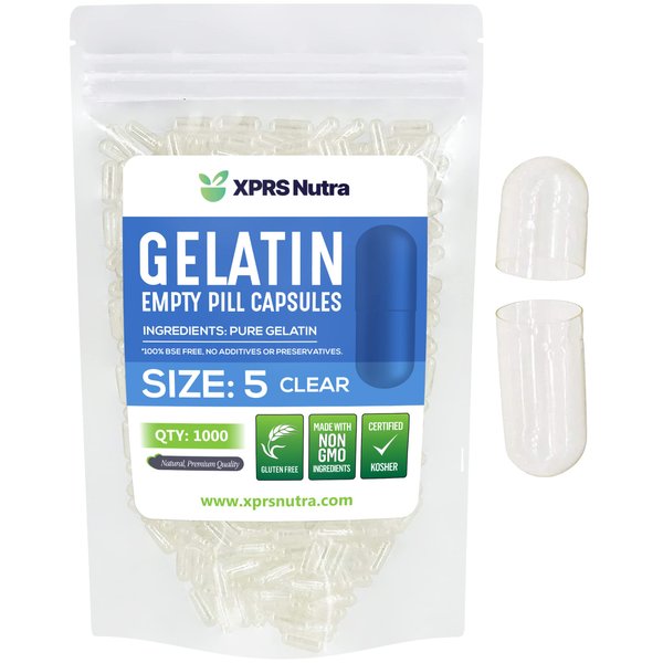 XPRS Nutra Size 5 Empty Capsules - 1000 Count Very Small Clear Empty Gelatin Capsules - Empty Pill Capsules for DIY Capsule Filling - Fillable Pill Capsules Empty Gel Caps