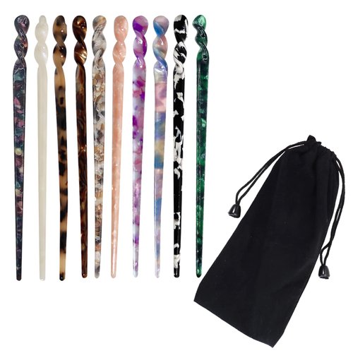 10 Pieces Acetate Hair Sticks, Women Styling Hair Vintage, Leopard Print Tortoise Shell Hairpin, Girls Chopsticks Hairpins, Disk Hair Sticks for Long Hair, Hair Accessories with Flannelette Bag