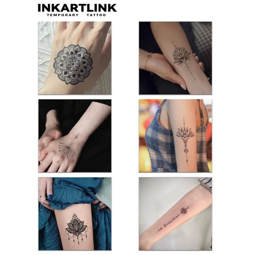 INKARTLINK 6 Sheets Temporary Tattoos, Semi-Permanent Tattoo, Fake tattoos, 1-2 Weeks Tattoo, For the Mature and Elegant Women, Mandala Flower Tattoos Temporary.