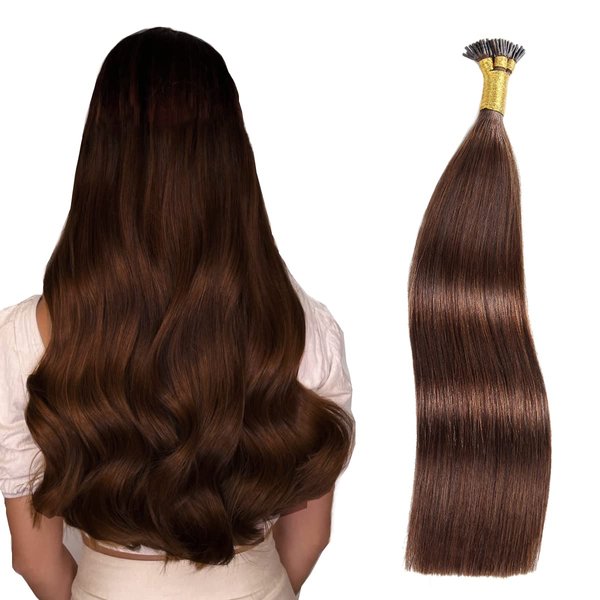 I Tip Human Hair Extensions, Pre Bonded Keratin Stick In Hair Extensions for Women 22inch #4 Medium Brown 1g/Strand 100g/Package Straight Remy Hair I Tip Extensions