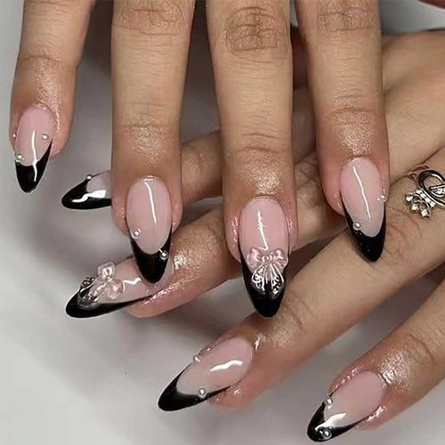 Foccna Press on Nails Medium Pearl Black Fake Nails Almond Glossy 3D False Nail Tips French Artificial Nails Finger Manicure for Women and Girls,24pcs
