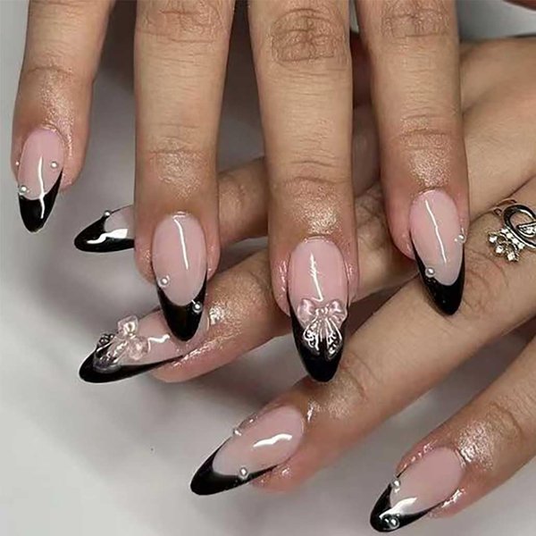 Foccna Press on Nails Medium Pearl Black Fake Nails Almond Glossy 3D False Nail Tips French Artificial Nails Finger Manicure for Women and Girls,24pcs