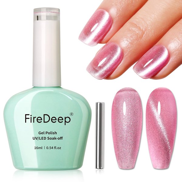 Firedeep Pink Cat Eye Gel Nail Polish 16ml Holographic Glitter Pastel Champagne Pink UV/LED Soak Off Reflective Gel Polish for Nail Art Manicure with Magnet