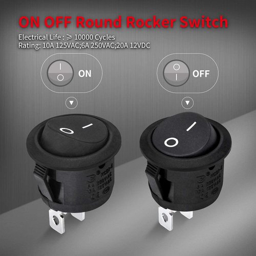 DaierTek ON Off Round Rocker Switches SPST 20mm Mini 12 Volt DC Mini Circle Toggle Switch 12V for Car Automotive RV 2 Pin Switch 120V Wired KCD1-5Pack