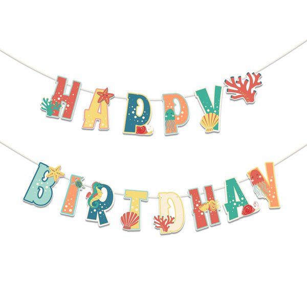 SUNBEAUTY Happy Birthday Banner Sea Animal Birthday Decorations Sea Shells Ocean Theme Party Supplies for Baby Shower | Pre-Strung