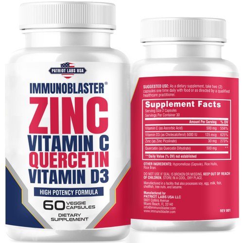 ImmunoBlaster Zinc Quercetin 500mg with Vitamin D and C Antioxidant Immune Support High Potency Quercetin Zinc Supplement for Men and Women - Gluten, Soy, & Dairy Free - 60 Count (Pack of 1)