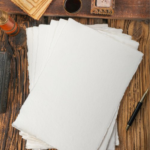 FAUSTA Handmade Recycled Cotton White Paper 50 Sheets 250 GSM 11.69 X 8.27 in (A4), Antique Deckle Edge Paper for Sketching, Drawing, Invitations, Mixed Media Paper/Blank Paper