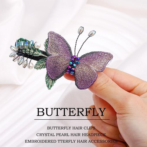 Haomye Butterfly Hair Clips Rhinestone Hairpins Embroidered Barrettes Hair Accessories Wedding Headpiece Small Hair Clips Women and Girls 1PCS (Purple)