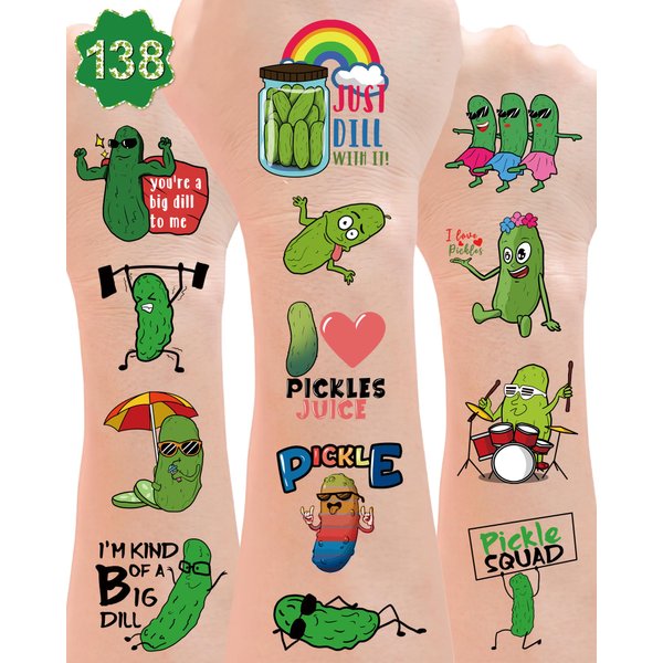YanZonic 138 PCS Pickle Funny Temporary Tattoos Pickle Stickers - Pickle Gifts for Pickle Stuff Lovers, Suitable for Pickle Party Decorations and Pickle Birthday Decorations party favors, 15 Sheets