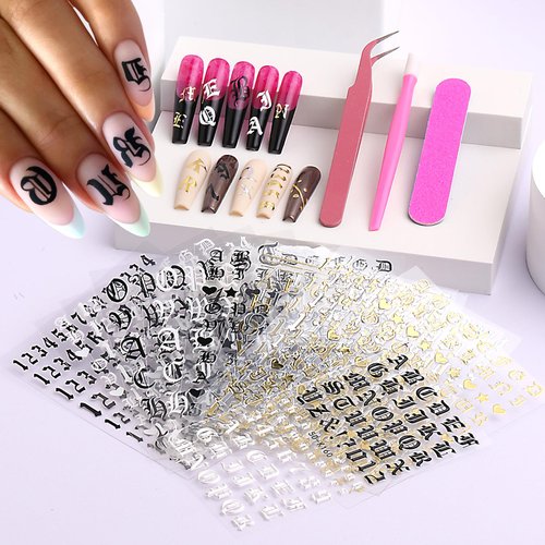 12 Sheets English Letters Number Nail Art Stickers 3D&5D Old Retro Alphabet Gold Silver Black White Nail Decals with Manicure Tools DIY Manicure Decoration for Women&Girls Nail Salon (AZ04-12)