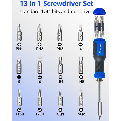 Tcwous Multi Bit Screwdriver Set, 13 in 1 Screw Driver Set Kit with 1/4" Nut Driver and Flat Head, Phillips, Security Torx, Hex, Square, All in One Pocket Screwdriver, Multitool Repair Tool Set
