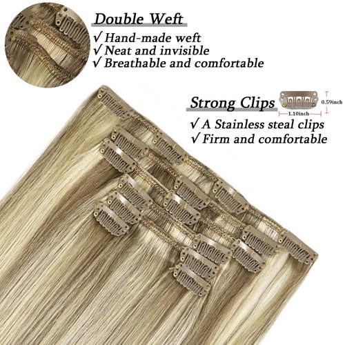 Savasana Clip in Hair Extensions Real Human Hair Ash Blonde to Highlighted Platinum Blonde Full Head Straight Hair Extensions for Women 7PCS Thick Full End 120g Clip on Hair Extensions 166In #18H60