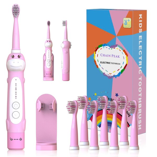 CHAIN PEAK Dinosaur Toothbrush, Kids Sonic Electric Toothbrush for Children, Toddlers Boys Girls Age 3-12 with 30s Reminder, 2 Mins Timer, 5 Modes, 8 Brush Heads, Rechargeable, Wall-Mounted Holder