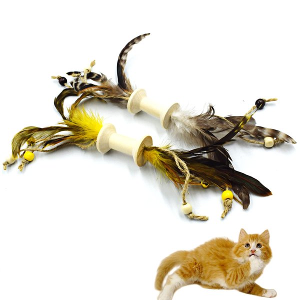 IUHKBH Cat Feather Toys, 2 PCS Wooden Roller Cat Teaser Toy Interactive Cat Toys for Chewing and Kicking