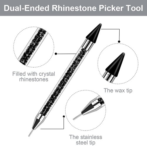 Erinde Rhinestone Picker Tool Diamond Gems Painting Pen Acrylic Crystal Beads Handle Rhinestones Applicator Dual-Ended Manicure Nail Art DIY Decoration Tool with 2 Extra Wax Tips (Black)