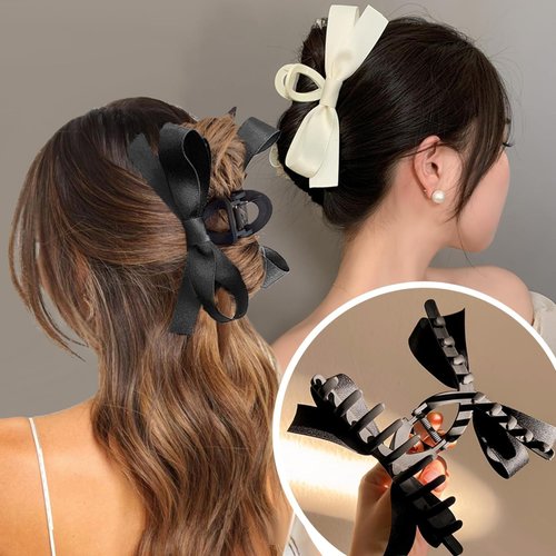4PCS Hair Bows for Women, Black Hair Bow White Hair Bows with Silky Satin, Bow Hair Clips, Bow Claw Clip for Thick Thin Hair, Hair Accessories for Valentine's Gifts (Rice White+Black)